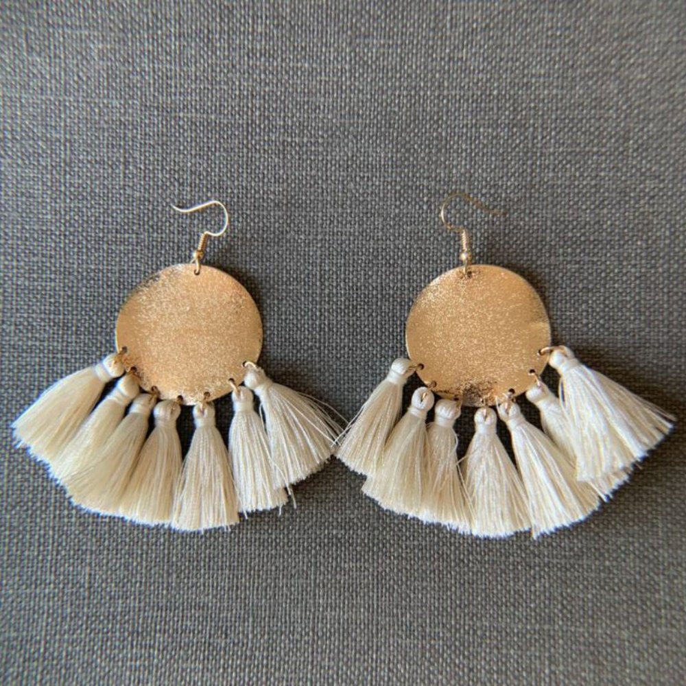 Gold Disc w/ Off White Tassel Statement Earrings